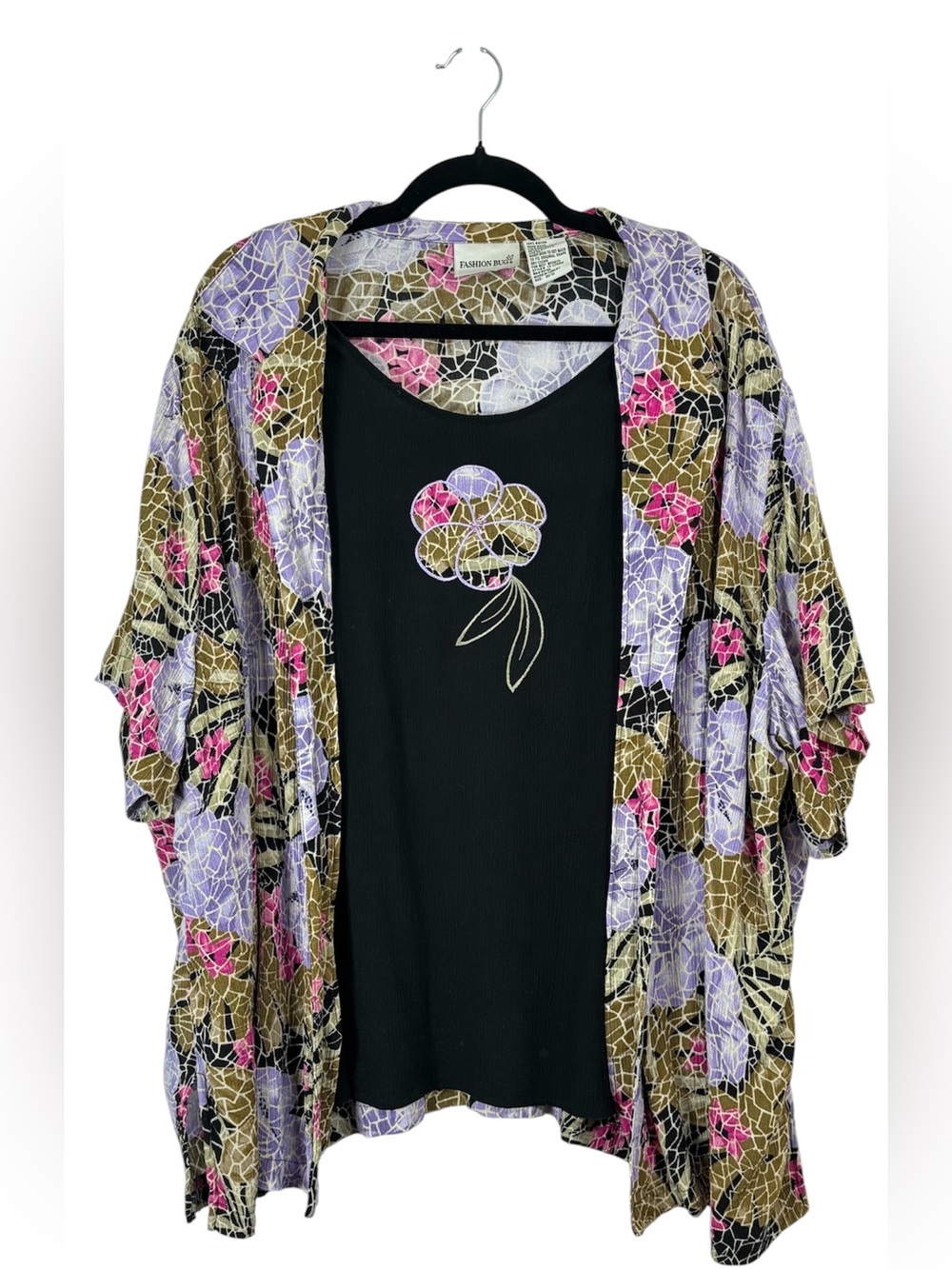 Fashion Bug Black Tank with Floral Overlay Kimono in Purple, Pink  Tan Plus Size